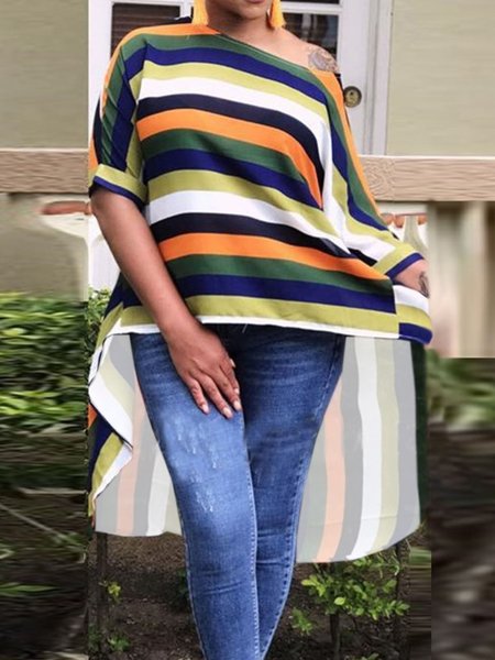 

Striped Off The Shoulder Casual Short Sleeve Tops, Multicolor, Tops