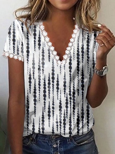 

JFN V Neck Polka Dots Lace Neck Lace Sleeve Casual Short Sleeve T-Shirt/Tee, White, T-Shirts