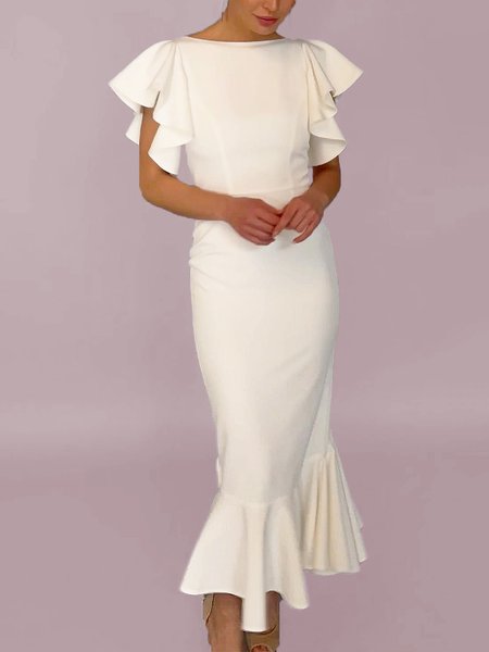 

Elegant Short Sleeve Woven Midi Dress, White, Midi Dresses