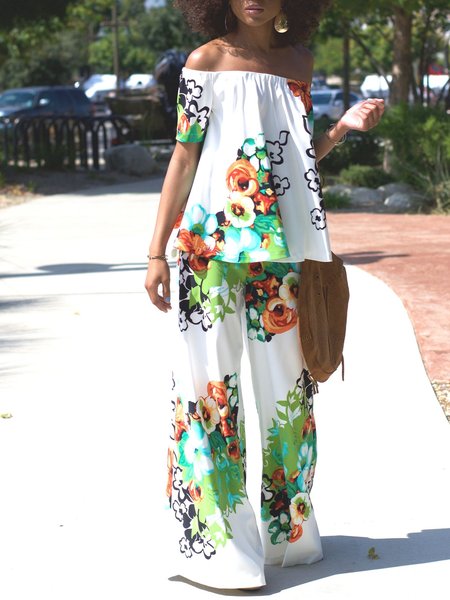 

Loosen Vacation Off The Shoulder Two Piece Set, Flower, Pants Set