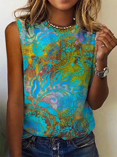 

Casual Crew Neck Tribal Knit, Blue, Tank Top