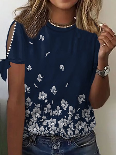 

Floral Crew Neck Short Sleeve Plus Size Casual T-Shirt, Blue, T-Shirts