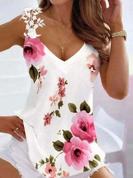 

Floral V Neck Casual Regular Fit Knit, White, Tanks & Camis