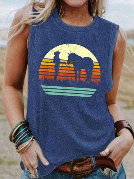 

Women's Print Casual Crew Neck Knit, Blue, Tank Tops