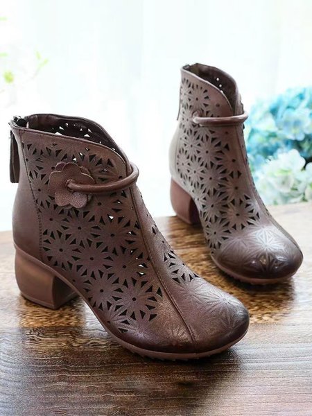 

JFN Polished Distressed Cutout Leather Floral Block Heel Sandal Boots, Brown, Sandals