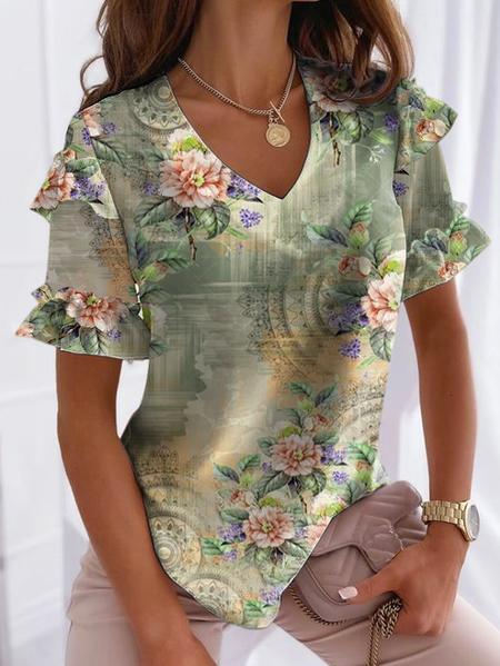 

Floral V Neck Loosen Short Sleeve Tops, Green, Tops