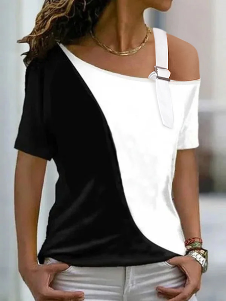 

Asymmetrical Neck Regular Fit Geometric Short Sleeve Tops, Black-white, Shirts & Blouses