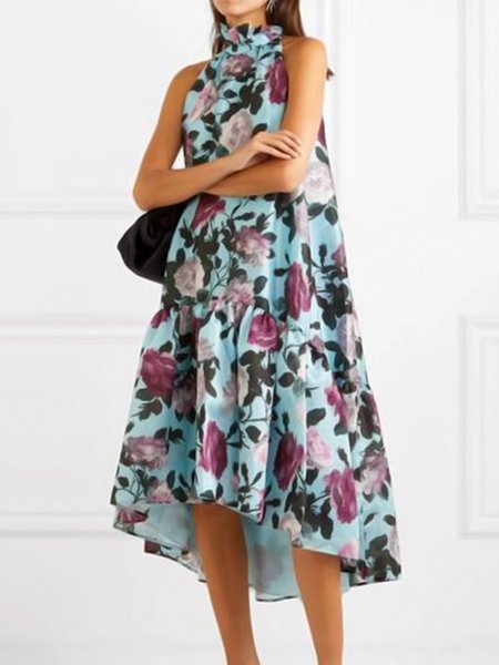 

Loosen Stand Collar Sleeveless Woven Dress, Blue, Midi Dresses