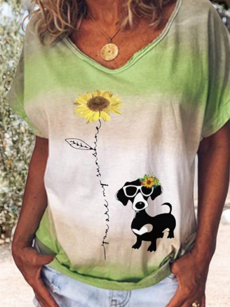 

JFN Crew Neck Casual Loosen Sunflower Dog Cartoon Short Sleeve T-Shirt/Tee, Green, T-Shirts