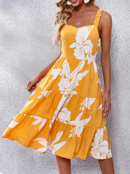 

Vacation Floral Sleeveless Woven Dresses, Yellow, Dresses