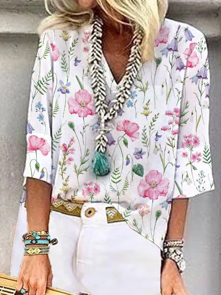 

Holiday flower V-neck loose top T-shirt plus size, Multicolor, Blouses & Shirts