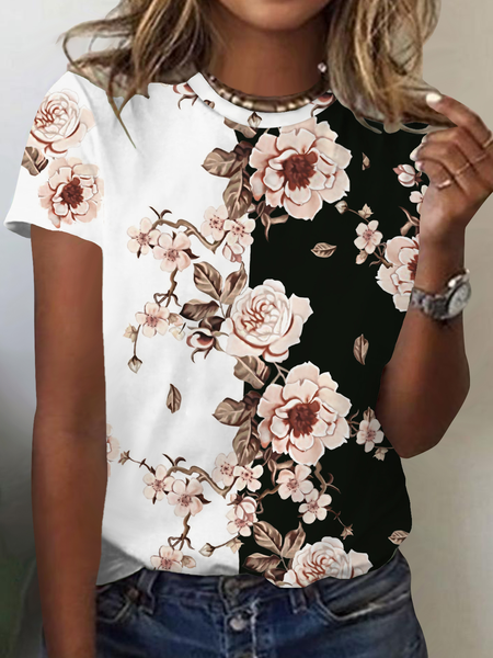 

Casual Crew Neck Floral Short Sleeve T-Shirt, Pink, T-Shirts