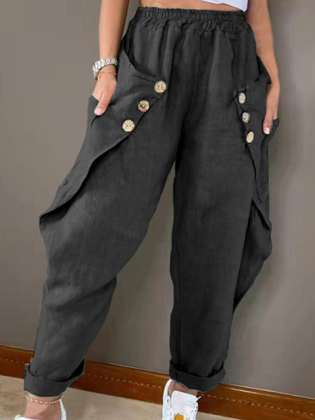 

Summer Casual Pocket Button Casual Trousers, Black, Pants