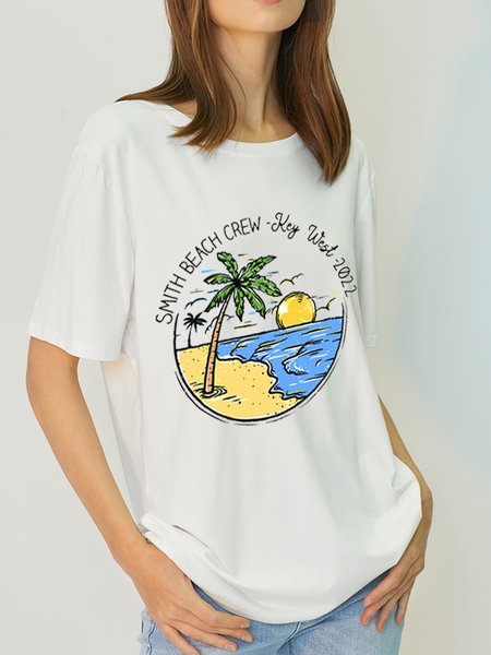 

Casual Resort Coconut Tree Print Natural Protofibril T-Shirt, White, T-shirts