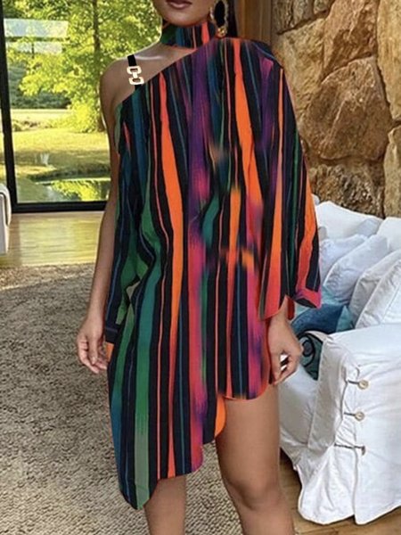 

Multicolor Striped Halter Long Sleeve Plus Size Casual Dress, Mini Dresses