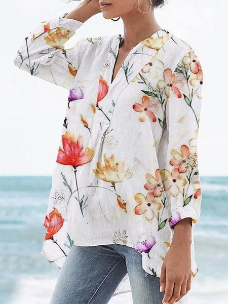 

Casual Loosen V Neck Long Sleeve Tops, White, Tops