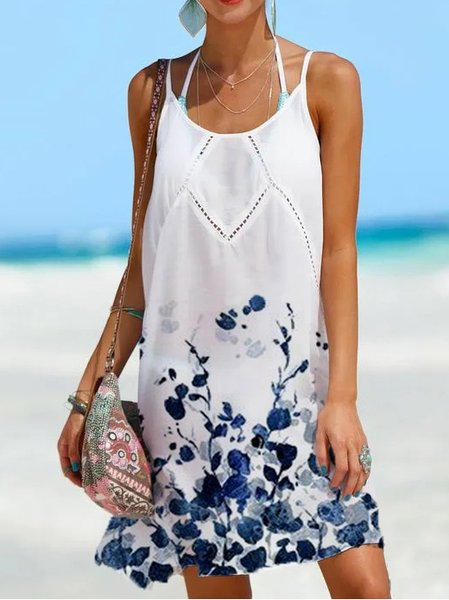 

Floral Spaghetti Vacation Sleeveless Woven Dresses, White, Mini Dresses
