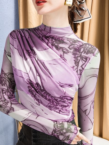

Abstract Elegant Long Sleeve Regular Fit Top, Rose red, Tops