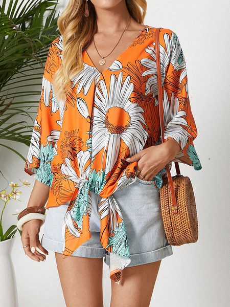 

V Neck Loosen Floral Tops, Yellow, Shirts & Blouses