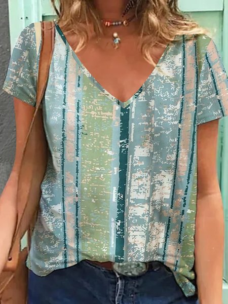 V Neck Casual Striped Short Sleeve T-Shirt, Green, T-Shirts