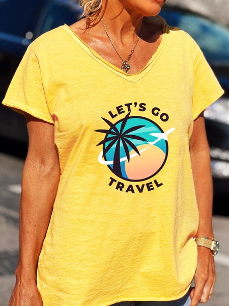 Women's Travel Print Casual Short Sleeve T-Shirt, Yellow, T-shirts