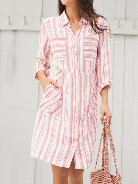 Striped Casual Regular Fit Long Sleeve Woven Dress, Pink, Mini Dresses
