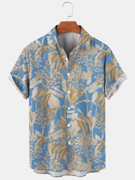 

Casual Floral Lapel Cotton Blends Short Sleeve Shirt, Blue, Men's Floral shirt