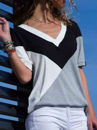 

V Neck Color Block Short Sleeve T-Shirt, Multicolor, T-Shirts