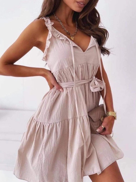 

Plus size Sleeveless Casual Plain Cotton Dress, Khaki, Mini Dresses