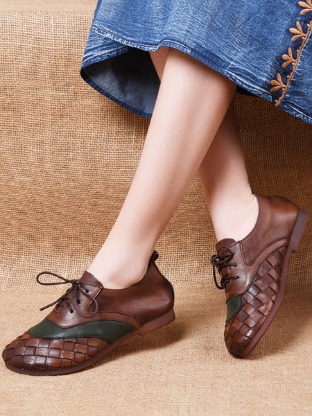 

JFN Vintage Distressed Woven Contrast Panel Leather Lace-Up Flats, Brown, Flats