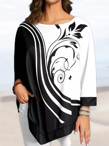 

Crew Neck Vacation Color Block Long Sleeve Tops, Black-white, Shirts & Blouses