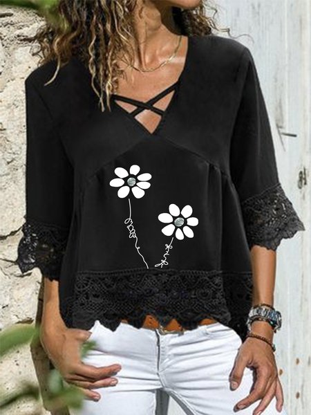 

Cross V Neck Floral Lace Half Sleeve Plus Size Casual Tops, Black, Tops