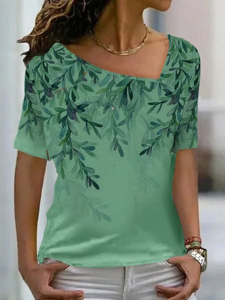 

Asymmetrical Neck Cotton Short Sleeve Tops, Green, Tops