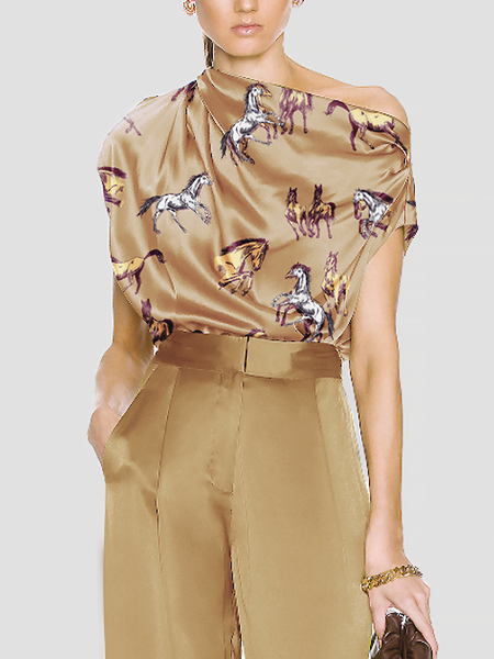 

Summer Asymmetrical Neck Short sleeve Asymmetrical Neck Elegant Animal Short Sleeve Tops, Khaki, Tops