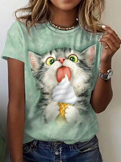 

Loosen Animal Crew Neck Short Sleeve Tops, Green, T-Shirts
