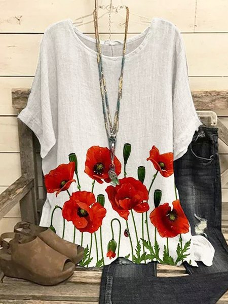 

Casual Floral Loosen Round Neck Short Sleeve Tops, White, Tops