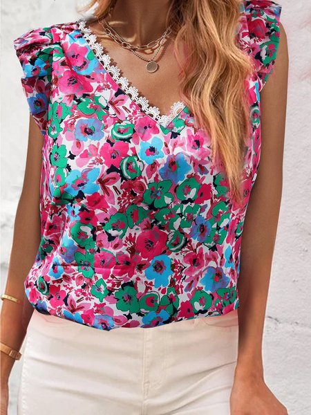 

Casual Loosen Floral Short Sleeve Tops, As picture, Tops