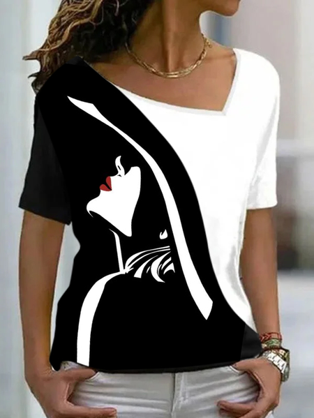 

Notched Casual Abstract Short Sleeve T-Shirt, Black, T-Shirts