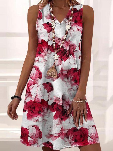 Buy Casual Loosen Floral Sleeveless Knitting Dresses, Mini Dresses, Zolucky, Red