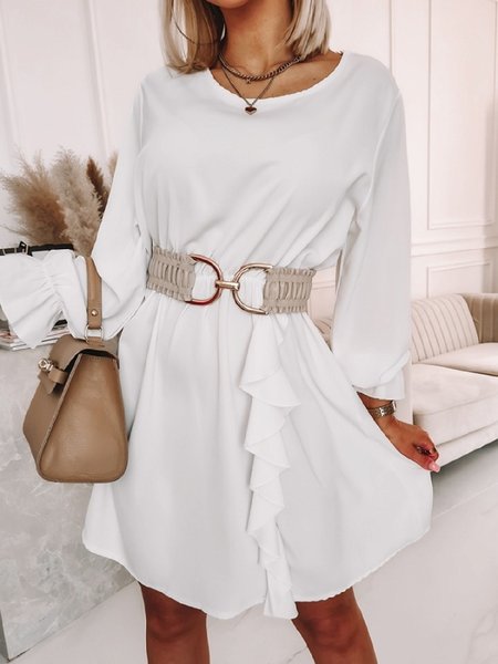 

Casual Crew Neck Solid Long Sleeve Woven Dress, White, Mini Dresses