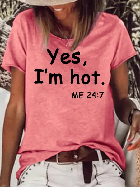 Womens Casual Letters Print Yes I Am Hot Short Sleeve T-Shirt, Red, T-shirts