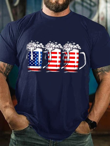 

Funny American Flag Beer Print Crew Neck T-Shirt, Purplish blue, T-shirts