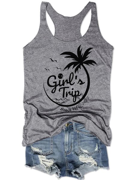 

Girls Trip Beach Vibes 2022 Vacation Letter Printed Knit, Gray, Tank Tops