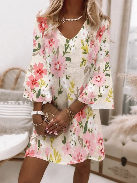 

Floral Casual V Neck Three Quarter A-line Loosen Dress, Apricot, Mini Dresses