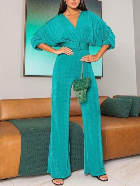 

Flare Sleeve Jumpsuit & Romper With Belt, Green, Jumpsuits