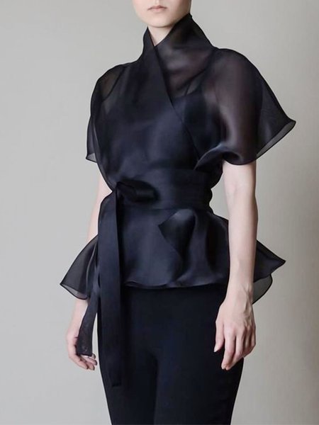 

Elegant Cross Front Solid Short Sleeve Tops, Black, Tops
