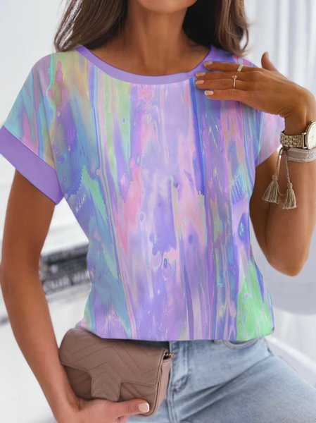 

Round Neck Vacation Regular Fit Short Sleeve T-Shirt, Multicolor, T-Shirts