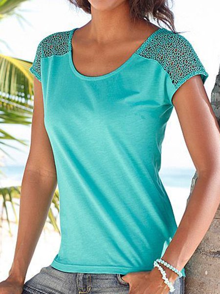 Hollow Out Casual Crew Neck Short Sleeve T-Shirt, Blue, T-Shirts
