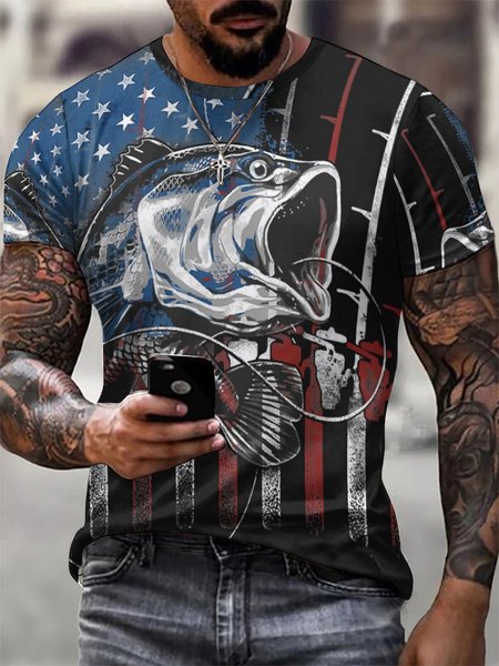 

American Flag Fish Street Crew Neck Short Sleeve T-Shirt, Blue, T-shirts