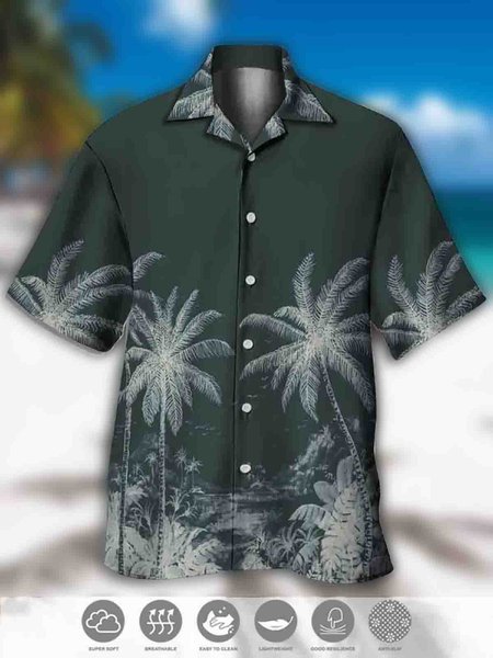 

Men's Coconut Tree Print Casual Moisture Absorbent Breathable Fabric Hawaiian Short Sleeve Shirt, Army green, Men's Floral shirt